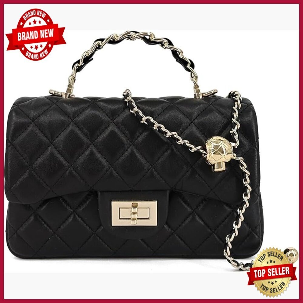 Small Quilted Leather Crossbody Bag with Gold Chain Strap and Top Handle